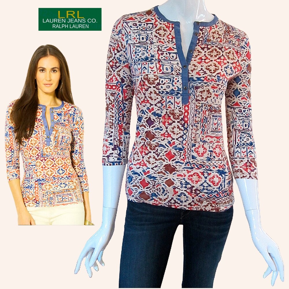 Lauren Jeans Co. Ralph Lauren XS NEW Tribal Print Henley Blouse